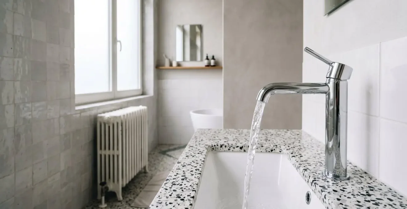 Robinetterie moderne avec filet d'eau cristallin illustrant l'optimisation du débit d'eau domestique