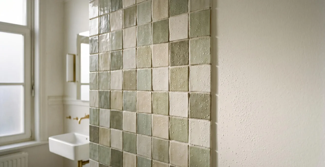 Carreaux muraux en céramique dans une salle de bain belge avec condensation sur les surfaces