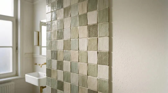 Carreaux muraux en céramique dans une salle de bain belge avec condensation sur les surfaces