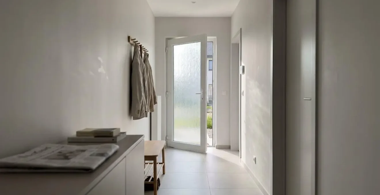 Couloir d'une maison contemporaine belge avec une porte intérieure en verre dépoli légèrement entrouverte diffusant la lumière naturelle