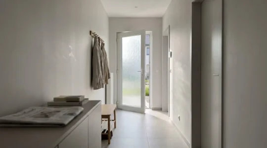 Couloir d'une maison contemporaine belge avec une porte intérieure en verre dépoli légèrement entrouverte diffusant la lumière naturelle