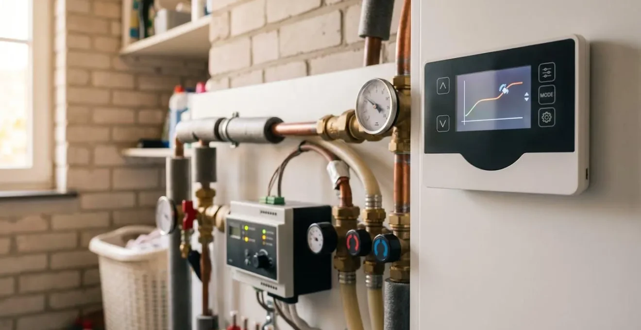 Console de régulation moderne de système de chauffage dans une maison belge avec interface numérique et composants techniques