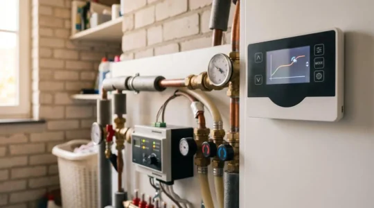 Console de régulation moderne de système de chauffage dans une maison belge avec interface numérique et composants techniques