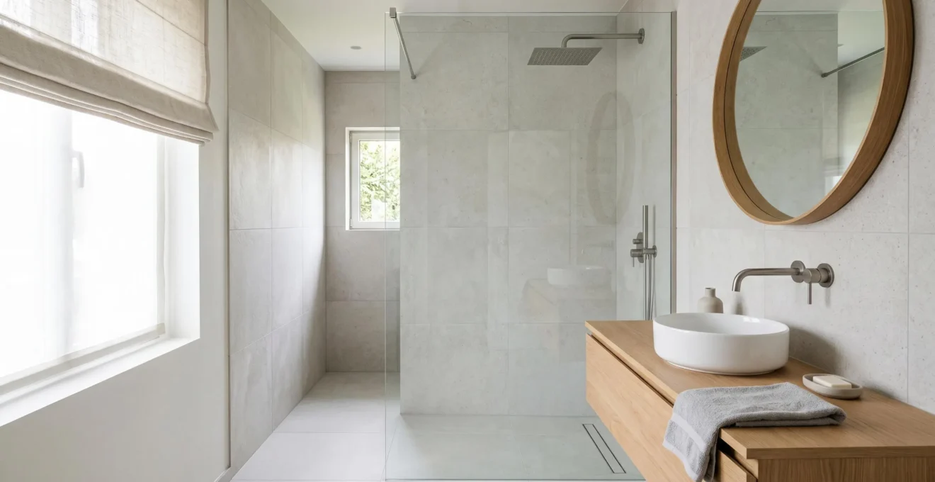 Intérieur d'une salle de bain moderne belge avec équipements d'économie d'eau
