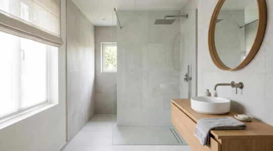 Intérieur d'une salle de bain moderne belge avec équipements d'économie d'eau
