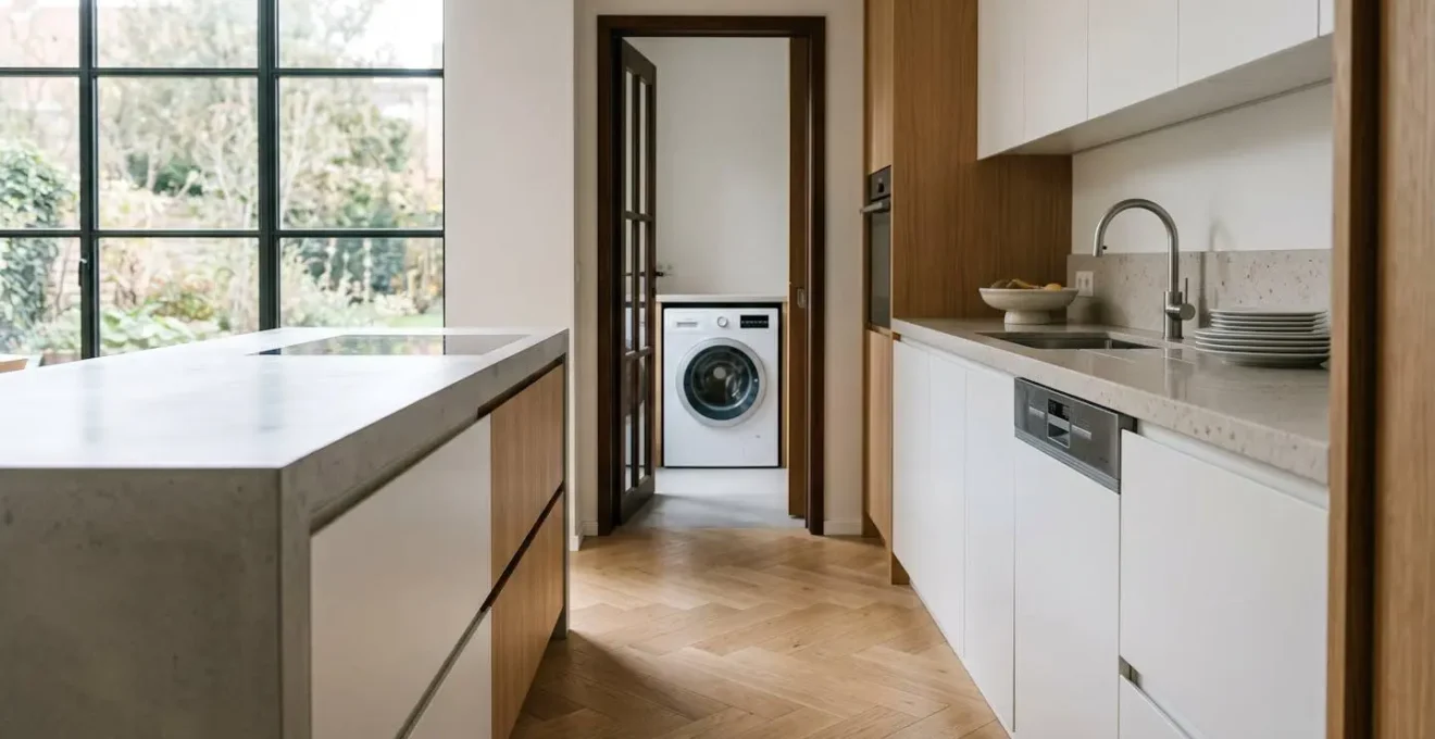 Appareils électroménagers modernes entretenus dans une cuisine belge contemporaine