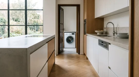 Appareils électroménagers modernes entretenus dans une cuisine belge contemporaine