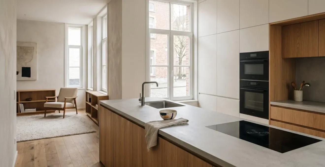 Cuisine moderne belge équipée d'électroménager encastrable et d'équipements connectés dans une maison de maître rénovée
