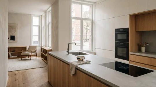 Cuisine moderne belge équipée d'électroménager encastrable et d'équipements connectés dans une maison de maître rénovée