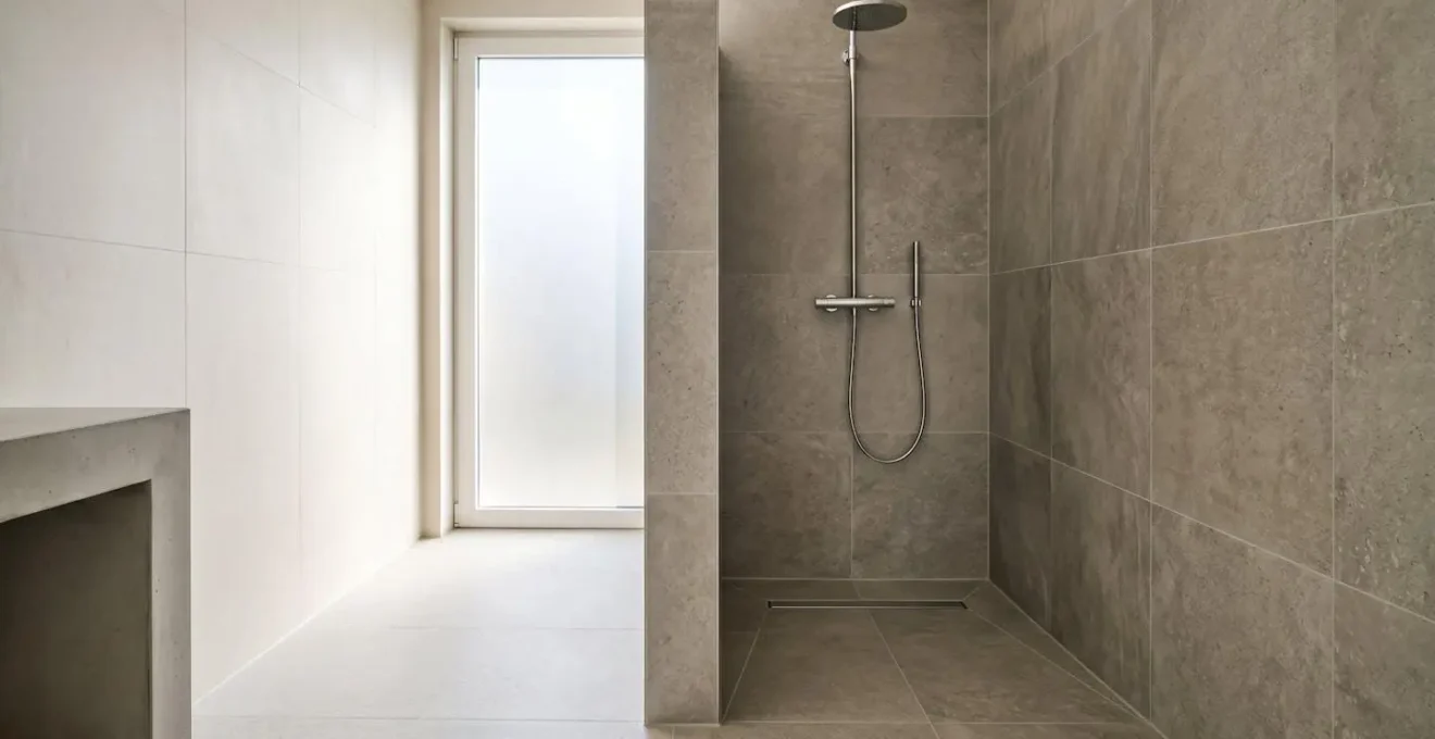 Douche à l'italienne moderne avec carrelage et système d'étanchéité professionnel dans une maison belge