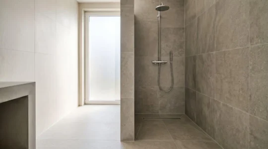 Douche à l'italienne moderne avec carrelage et système d'étanchéité professionnel dans une maison belge