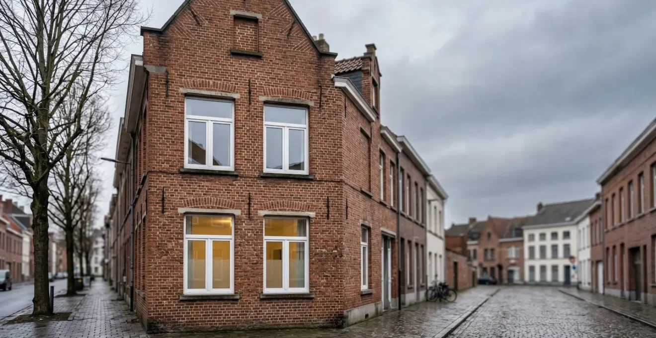 Facade de maison belge typique avec fenetres double vitrage modernes en hiver