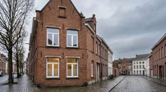 Facade de maison belge typique avec fenetres double vitrage modernes en hiver
