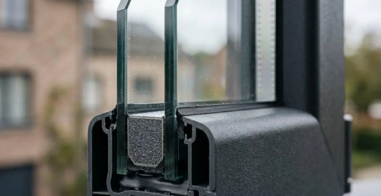 Gros plan d'une fenêtre à double vitrage moderne installée dans une maison belge avec détails techniques du châssis