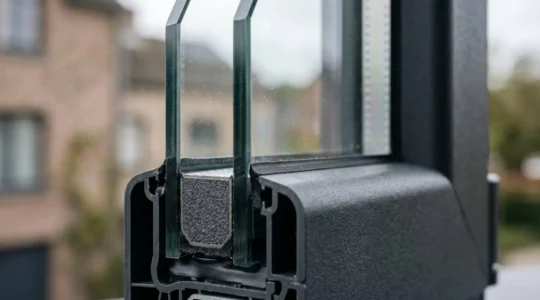 Gros plan d'une fenêtre à double vitrage moderne installée dans une maison belge avec détails techniques du châssis
