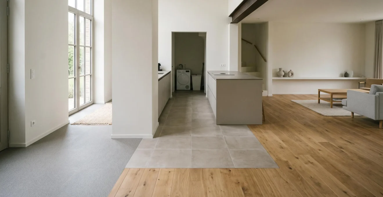 Échantillons de différents revêtements de sol disposés harmonieusement dans un intérieur belge moderne