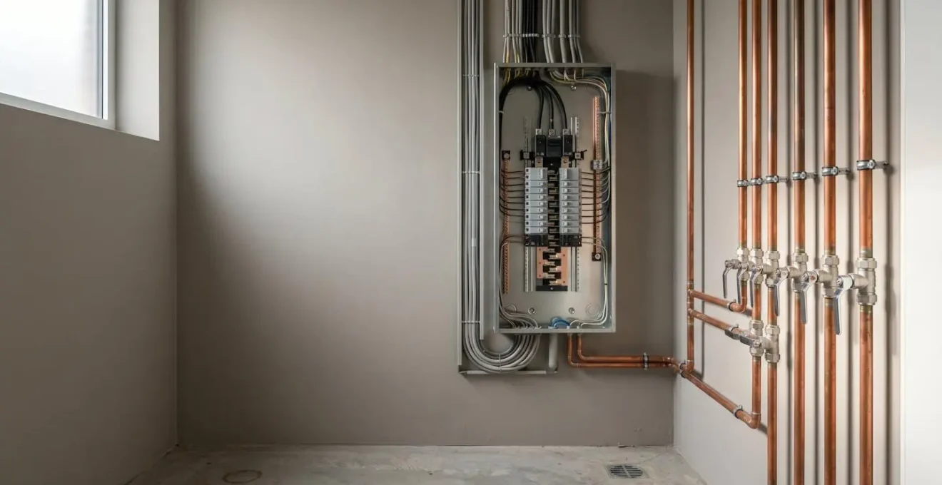Installation électrique et système de plomberie conformes aux normes RGIE belges dans une habitation moderne