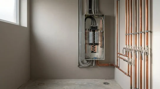 Installation électrique et système de plomberie conformes aux normes RGIE belges dans une habitation moderne