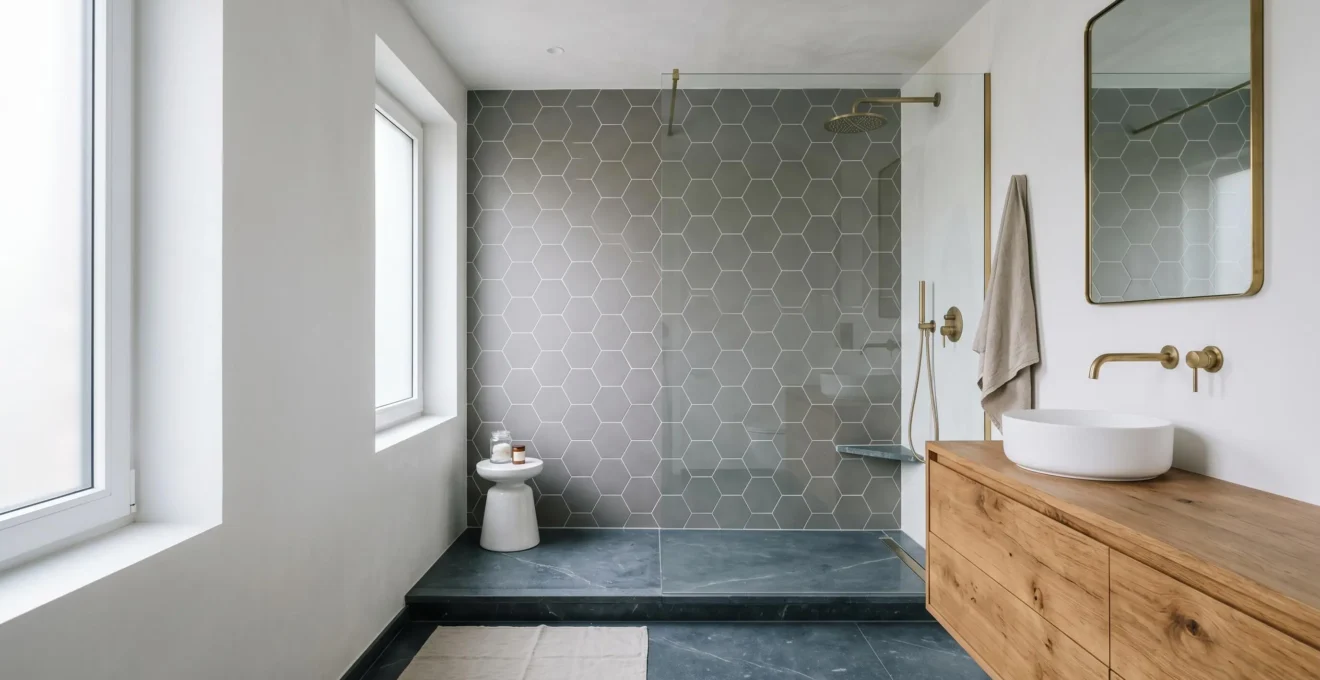 Salle de bain contemporaine avec carreaux hexagonaux à motifs délicats combinés à des surfaces unies créant un équilibre visuel harmonieux