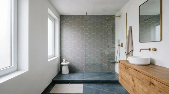 Salle de bain contemporaine avec carreaux hexagonaux à motifs délicats combinés à des surfaces unies créant un équilibre visuel harmonieux