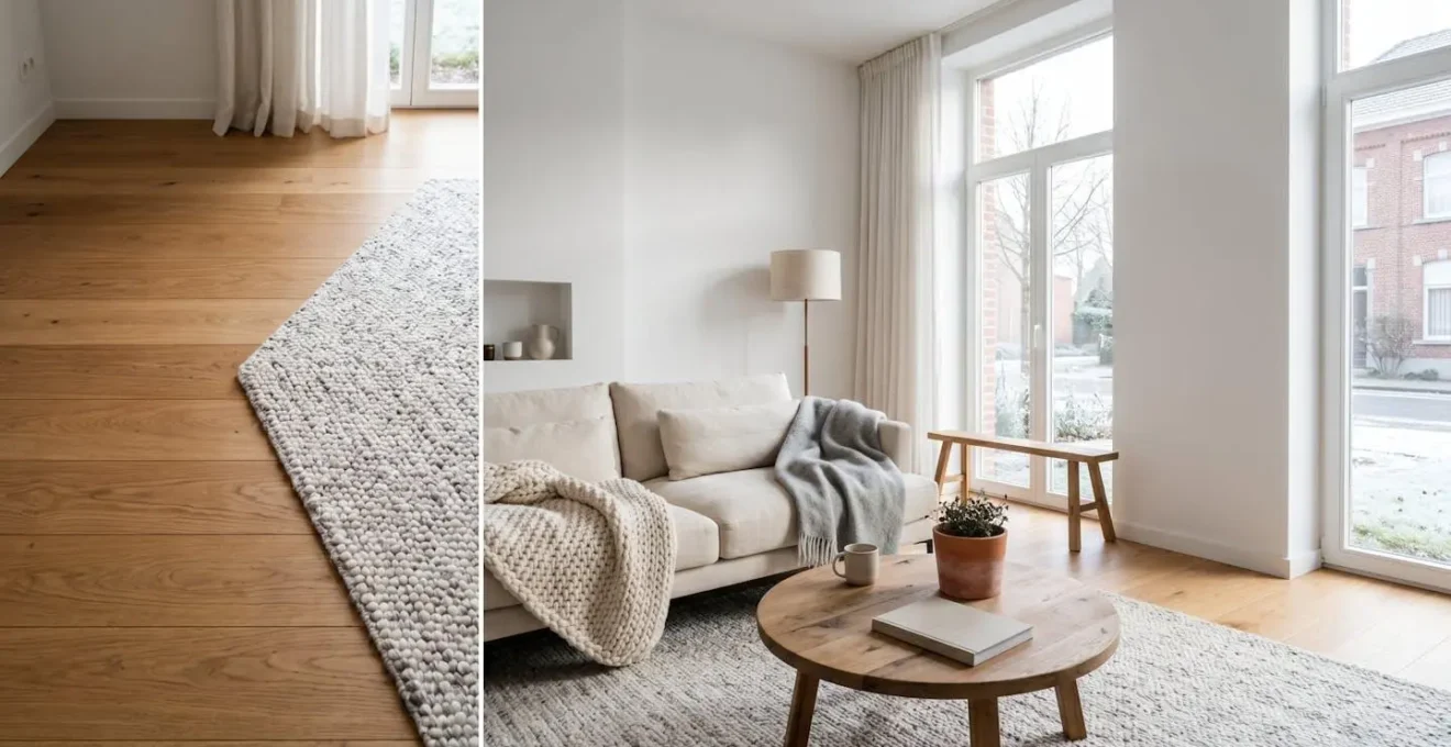 Intérieur belge chaleureux avec matériaux naturels bois et textiles doux