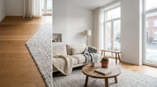 Intérieur belge chaleureux avec matériaux naturels bois et textiles doux