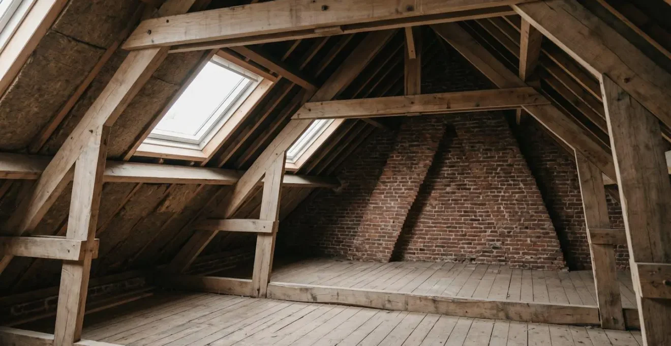 Espace de combles avec isolation en cours dans une maison belge typique