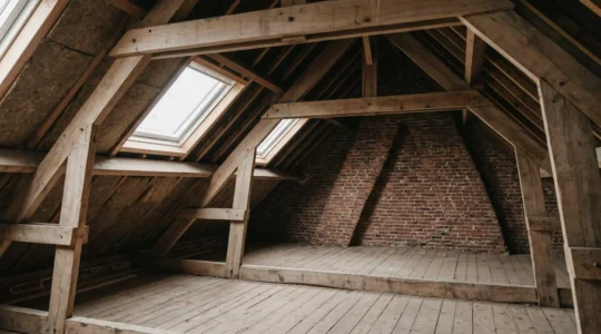 Espace de combles avec isolation en cours dans une maison belge typique