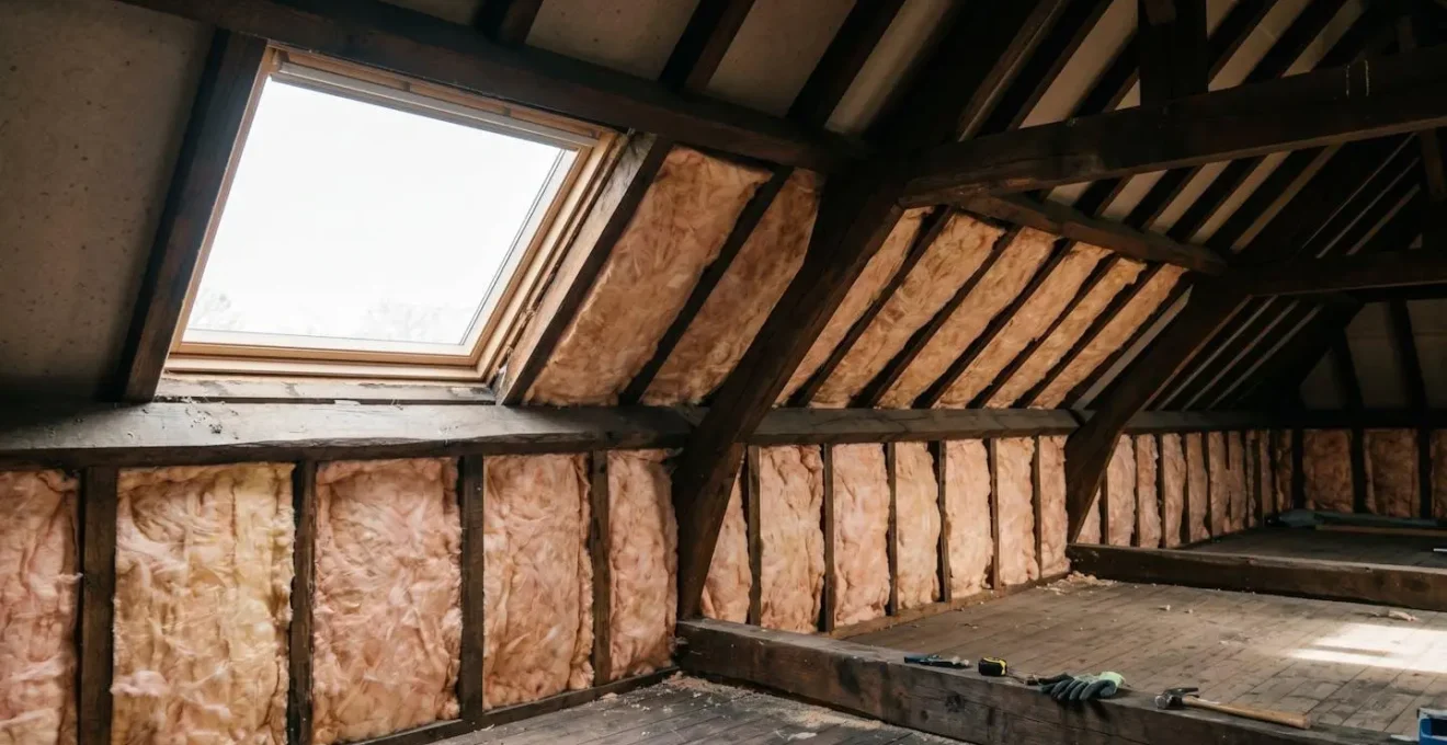 Installation professionnelle de laine de verre dans les combles d'une maison belge traditionnelle