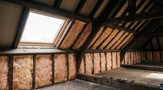 Installation professionnelle de laine de verre dans les combles d'une maison belge traditionnelle