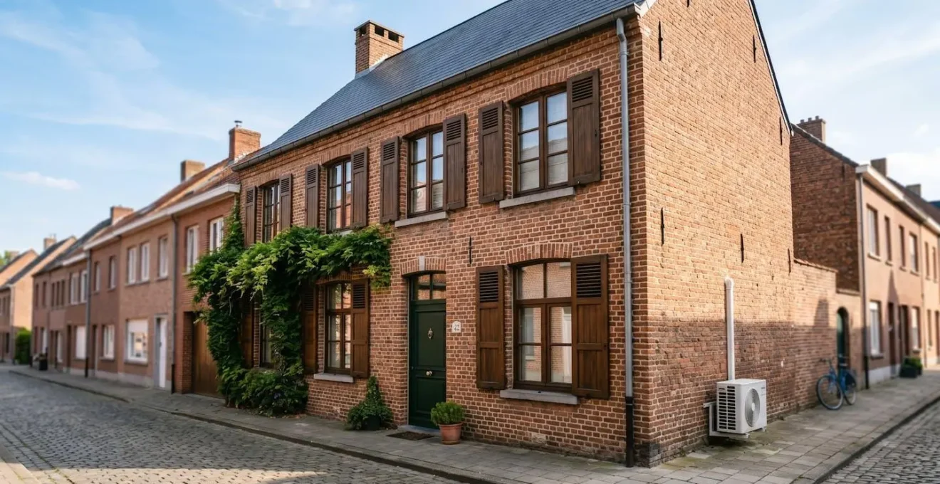 Maison belge typique en briques rouges avec systèmes de rafraîchissement naturels et modernes visibles dans l'environnement estival