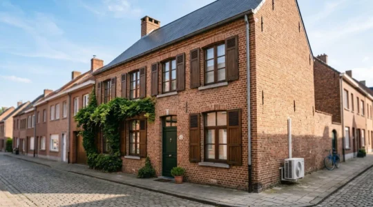 Maison belge typique en briques rouges avec systèmes de rafraîchissement naturels et modernes visibles dans l'environnement estival