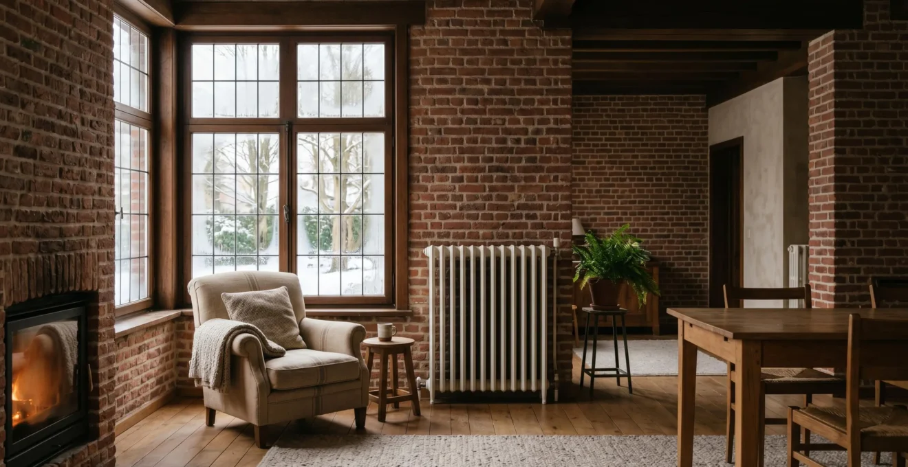 Intérieur chaleureux d'une maison belge typique en hiver avec architecture traditionnelle