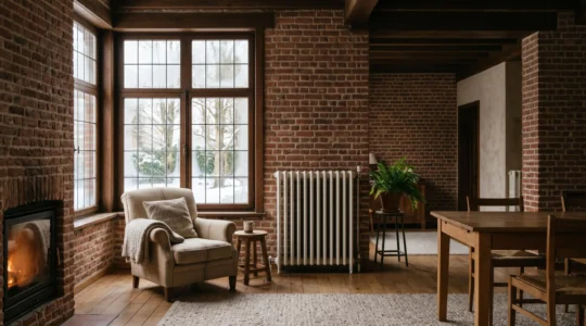 Intérieur chaleureux d'une maison belge typique en hiver avec architecture traditionnelle