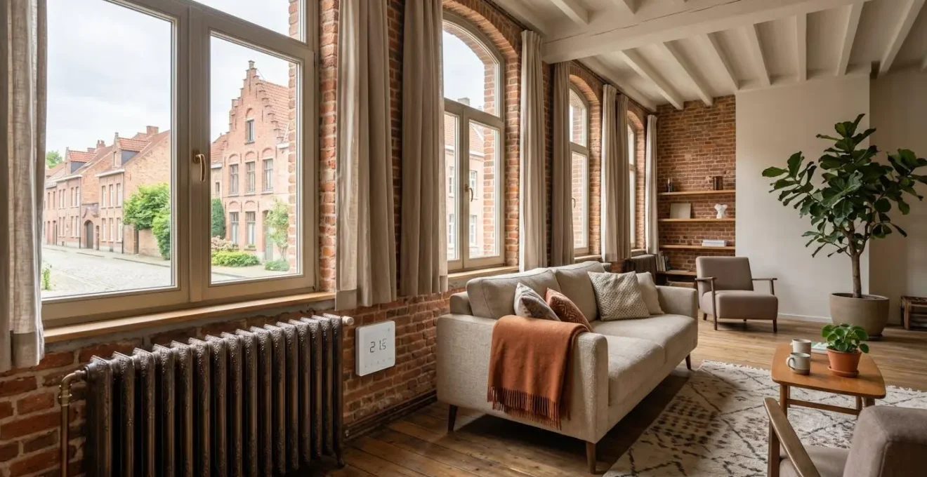 Intérieur chaleureux d'une maison belge avec radiateur et thermostat moderne illustrant les économies d'énergie