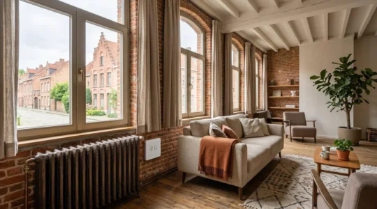Intérieur chaleureux d'une maison belge avec radiateur et thermostat moderne illustrant les économies d'énergie