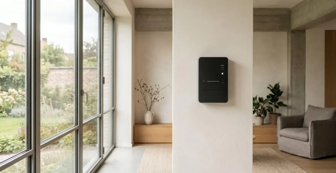 Compteur électrique digital moderne dans une maison belge avec éclairage doux et esthétique contemporaine