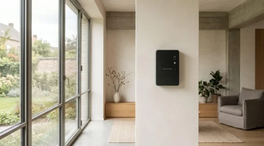Compteur électrique digital moderne dans une maison belge avec éclairage doux et esthétique contemporaine