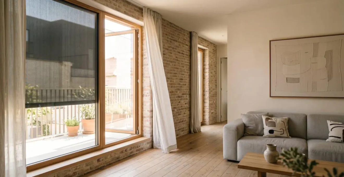 Intérieur résidentiel belge confortable pendant l'été avec ventilation naturelle et protection solaire