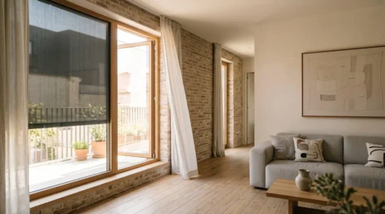 Intérieur résidentiel belge confortable pendant l'été avec ventilation naturelle et protection solaire