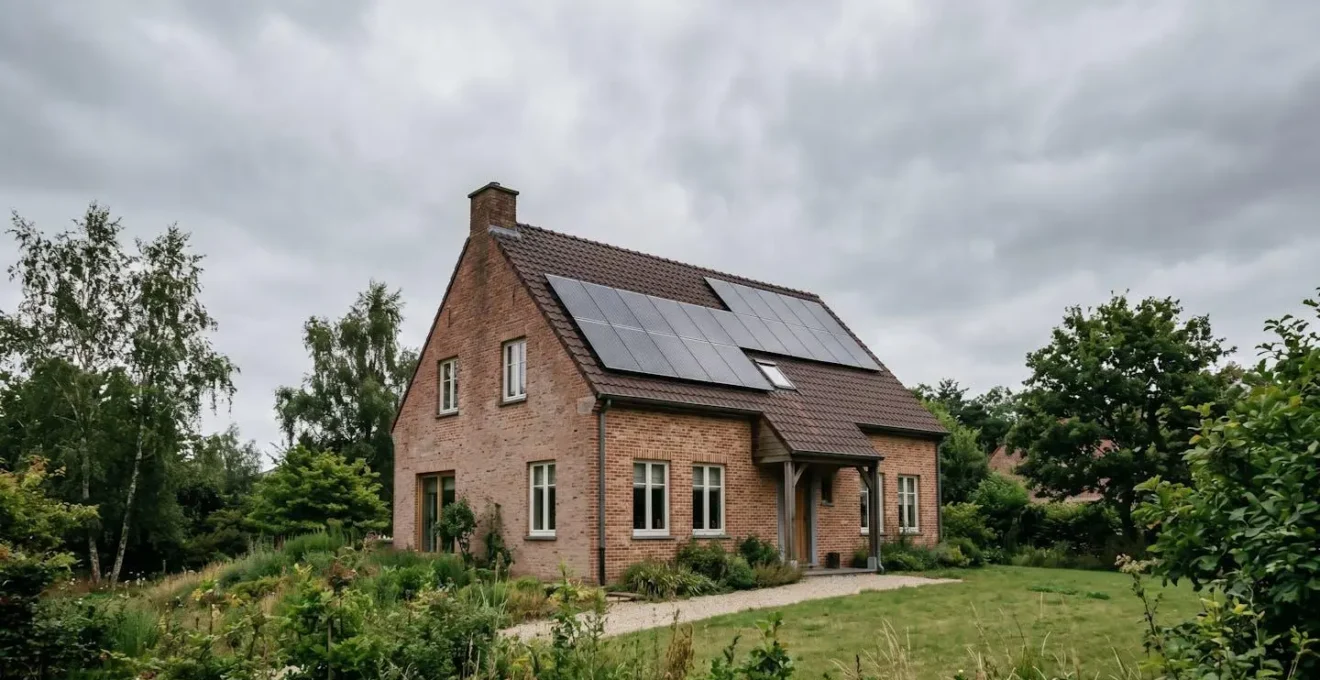 Façade de maison typique belge en brique avec isolation extérieure moderne et panneaux solaires sur toiture