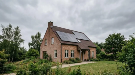 Façade de maison typique belge en brique avec isolation extérieure moderne et panneaux solaires sur toiture