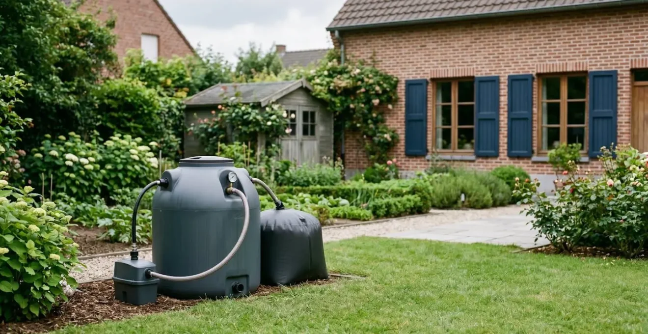 Installation de méthaniseur domestique dans un jardin résidentiel belge avec habitation typique en arrière-plan