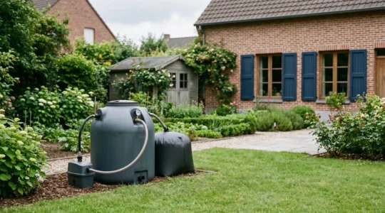 Installation de méthaniseur domestique dans un jardin résidentiel belge avec habitation typique en arrière-plan