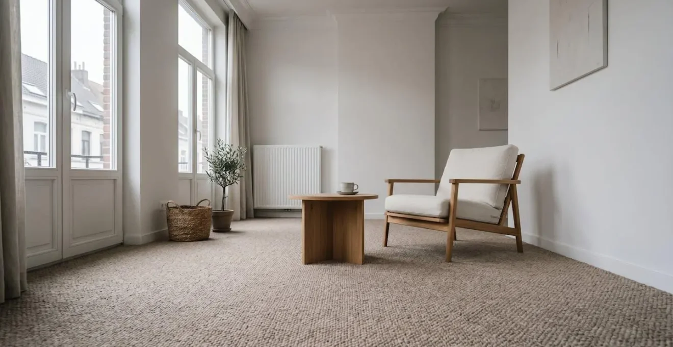 Intérieur chaleureux d'une maison belge avec moquette de qualité offrant confort et isolation
