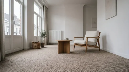 Intérieur chaleureux d'une maison belge avec moquette de qualité offrant confort et isolation