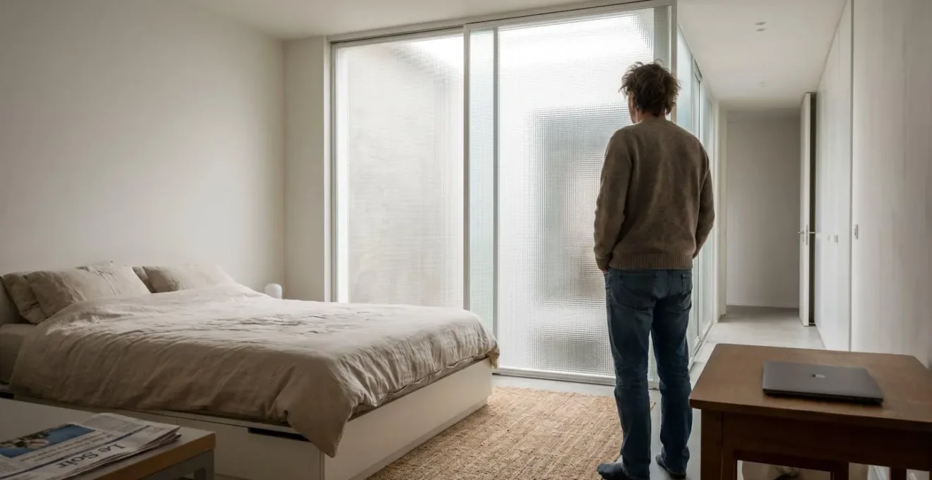 Personne de dos dans une chambre belge contemporaine près d'une porte en verre translucide laissant filtrer la lumière naturelle
