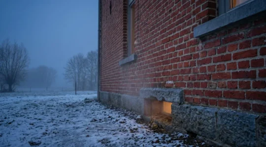 Vue en coupe d'une jonction mur-plancher dans une maison belge montrant les déperditions thermiques