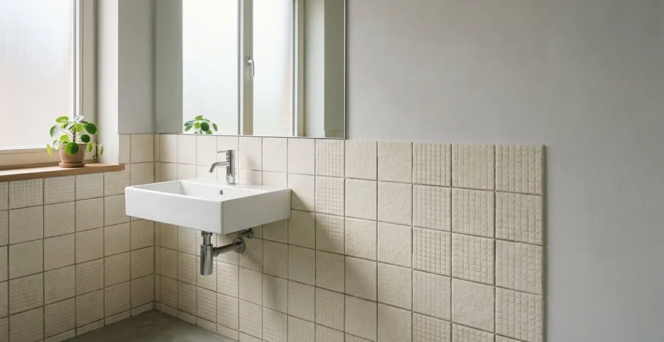 Nouveau lavabo moderne installé sur mur de salle de bain avec carrelage intact