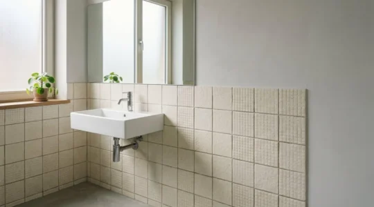 Nouveau lavabo moderne installé sur mur de salle de bain avec carrelage intact